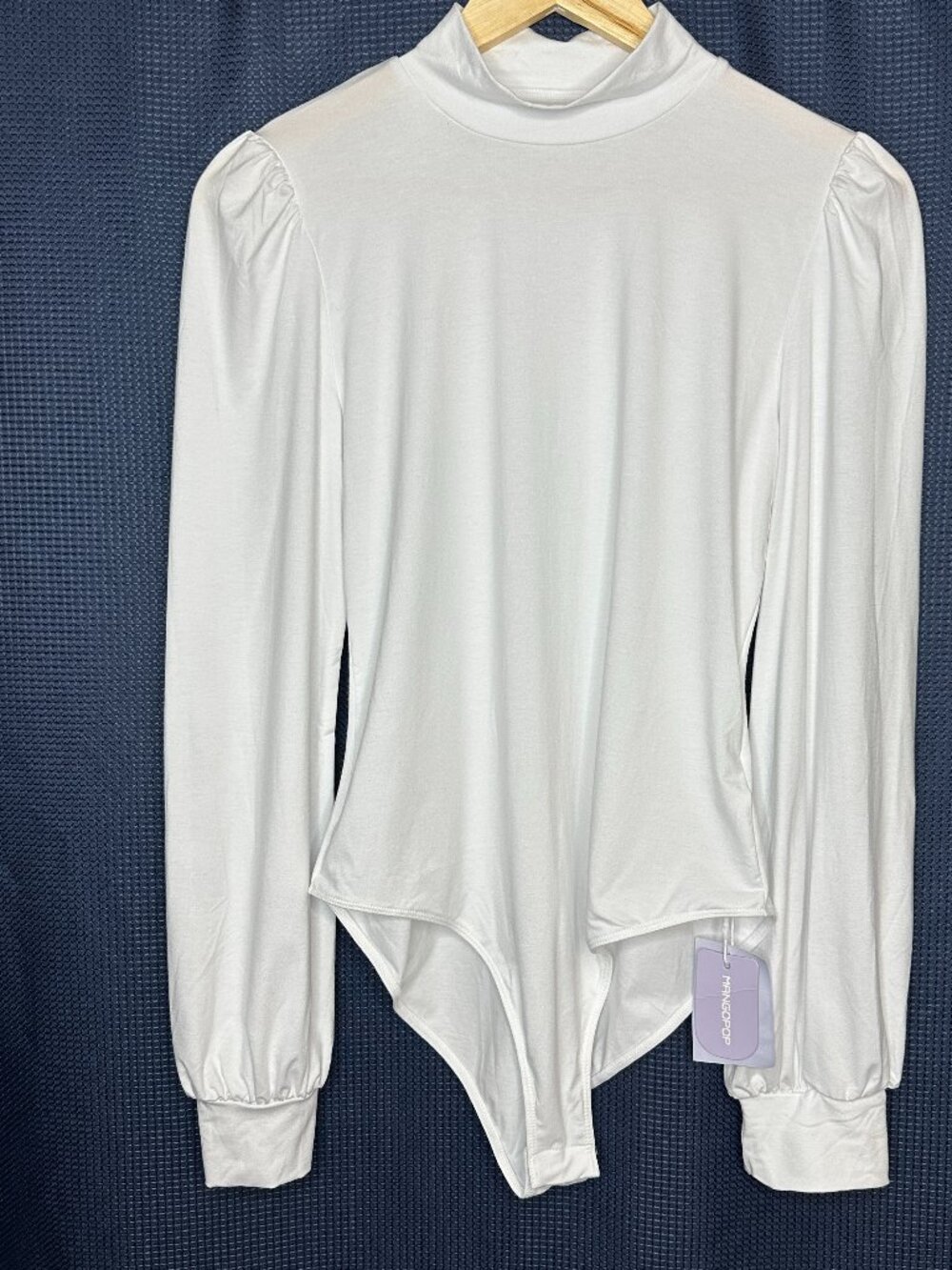 NWT Mangopop Bodysuit White Long Sleeve, Size Large Boho Fairy Mock Neck
